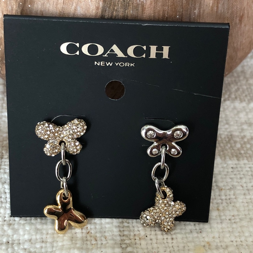 Coach Two-Tone Double Butterfly Drop Earrings Pave Crystal Accents NWT - Picture 5 of 12